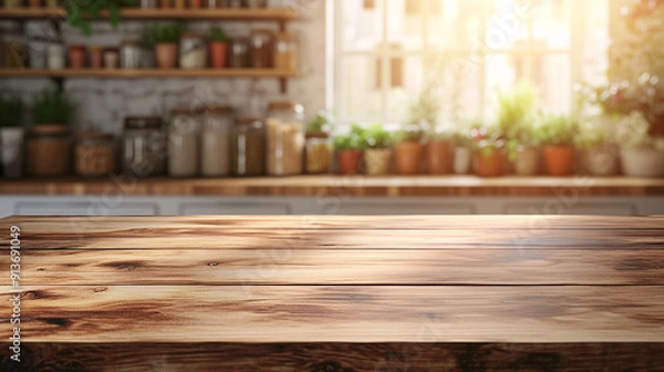 Fototapeta Empty beautiful wood tabletop counter on interior in clean and bright kitchen background, Ready for display, Banner with copy space isolated, Product mockup in the style of setting sunlight background