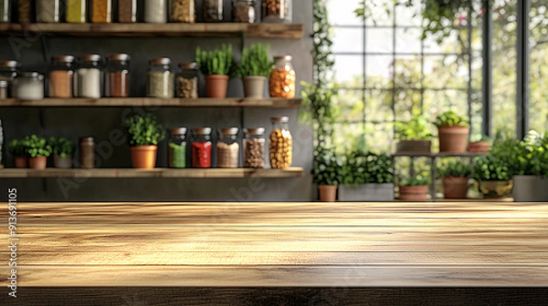 Fototapeta Empty beautiful wood tabletop counter on interior in clean and bright kitchen background, Ready for display, Banner with copy space isolated, Product mockup in the style of setting sunlight background