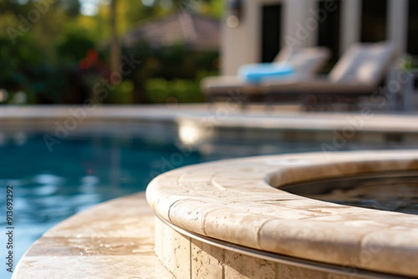 Fototapeta A close-up of a pristine swimming pool with a stone coping and pebble tile border. The tranquil blue water and lush greenery in the background