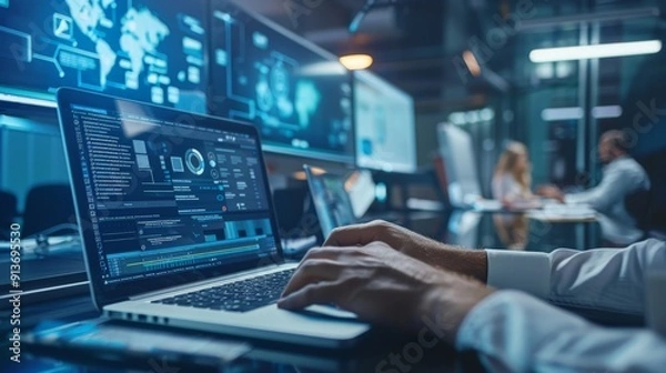 Fototapeta Close up of a man's hands typing on a laptop computer in a office setting. for your background business, poster, wallpaper, banner, backdrop, greeting cards, and advertising for business entities or b