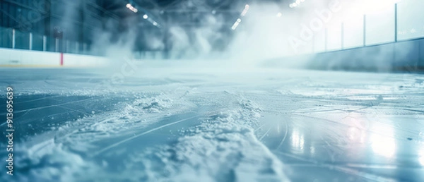 Obraz Professional ice rink sport arena.Hockey stadium with spotlights, steam. Ice textured background. Sport banner with copy space. Generative ai.