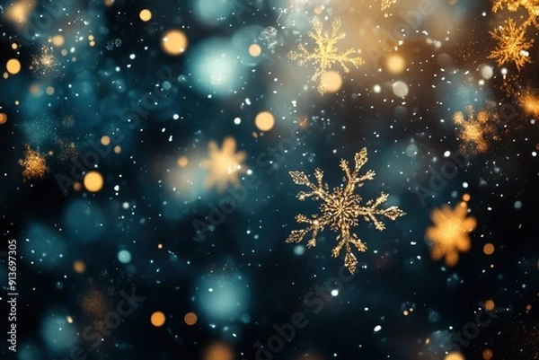 Fototapeta Christmas glittering glowing snowflakes particles and bokeh lights falling shiny background. with generative ai
