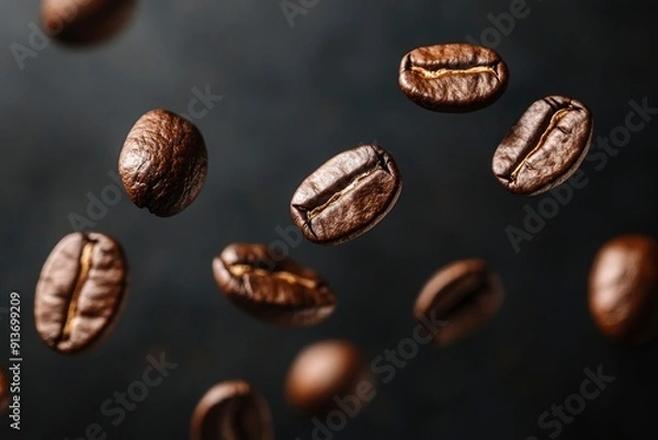Fototapeta Coffee beans in flight on a dark background with generative ai