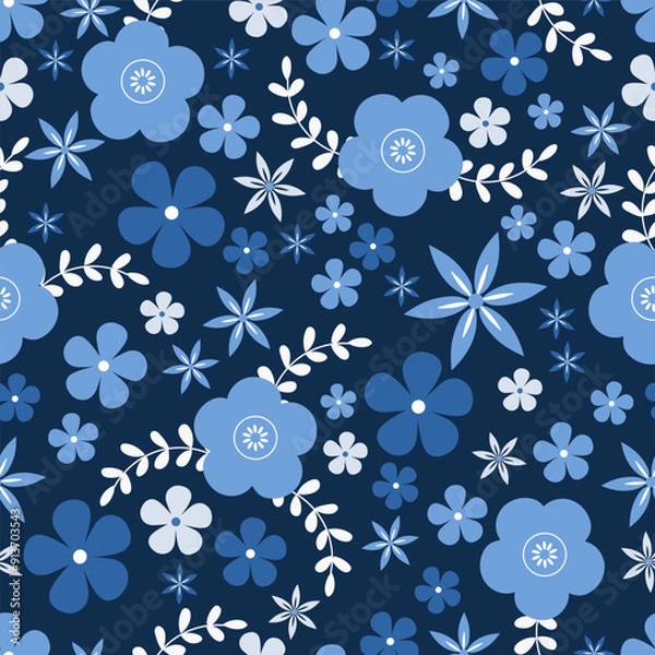 Fototapeta seamless floral pattern. Idea for fabric, tablecloth pattern, wrapping paper, gift paper. Print Ditsy. Motives are scattered randomly. blue flower pattern background. Hand drawn pattern. dark blue