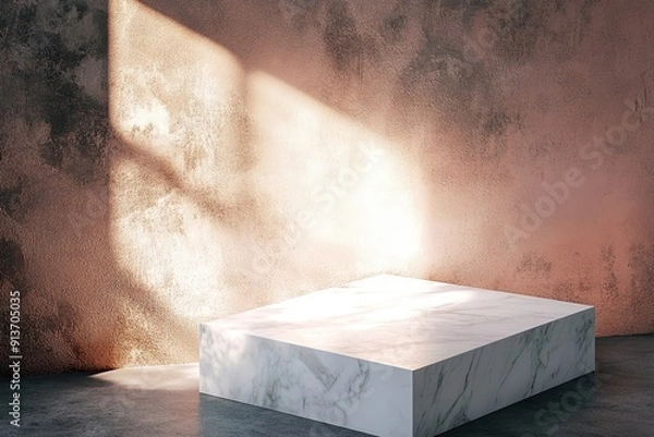 Fototapeta Minimal White Marble Table Corner with Light Beam, Shadow, and Spotlight on the Rose Gold Concrete Wall Background 