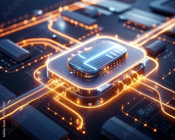 Fototapeta Futuristic circuit board with glowing connections and a central processor, representing advanced technology and digital innovation.