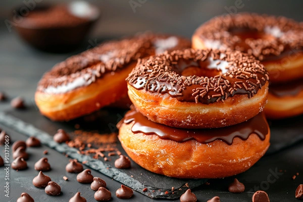 Fototapeta Donuts with chocolate icing and chocolate crumbs on a black napkin.