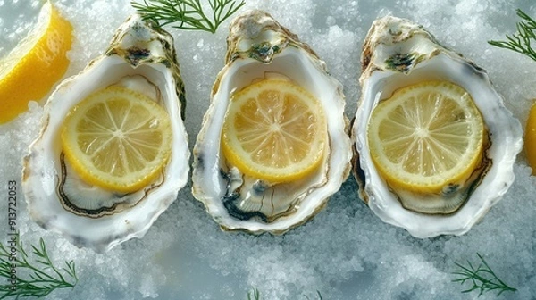 Fototapeta Oysters on a bed of rock salt with lemon slices and herbs creating a vibrant culinary masterpiece