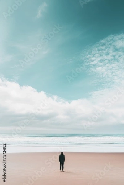 Fototapeta One person standing on a wide beach, AI generated Image
