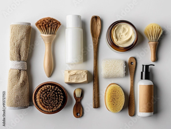 Fototapeta Essential Natural Bathing Tools and Skincare Products Arranged on a White Surface for a Refreshing Self-Care Routine