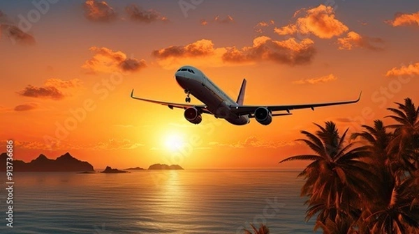 Fototapeta Airplane flying over a stunning sunset backdrop with ocean islands and palm trees. Perfect for travel and vacation themed designs.