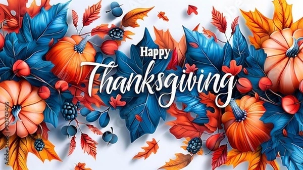 Fototapeta Vibrant autumn leaves and pumpkins with happy thanksgiving message artfully designed