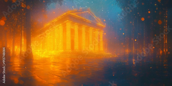 Fototapeta Holographic projection of a classical building in a futuristic digital space, with a vibrant blue and black background, embodying a concept of innovation