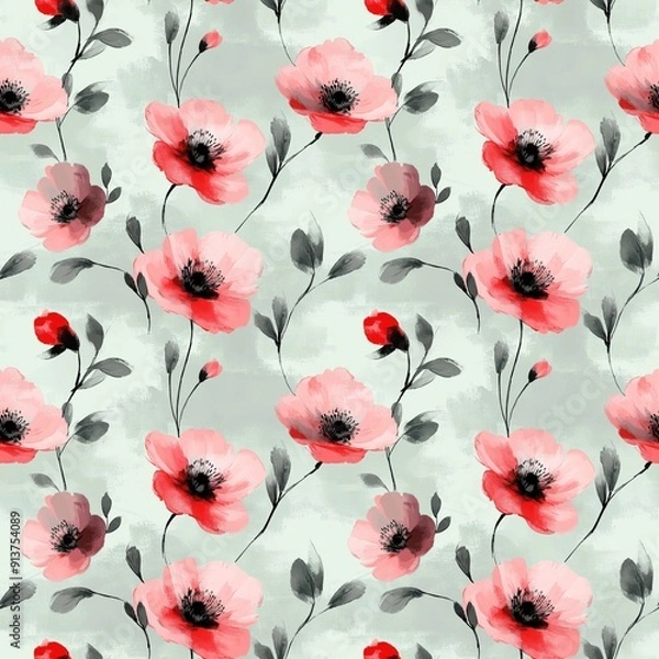Fototapeta watercolor pattern of light gray and red poppy flowers, small leaves in the style of black on a pastel green background, seamless pattern
