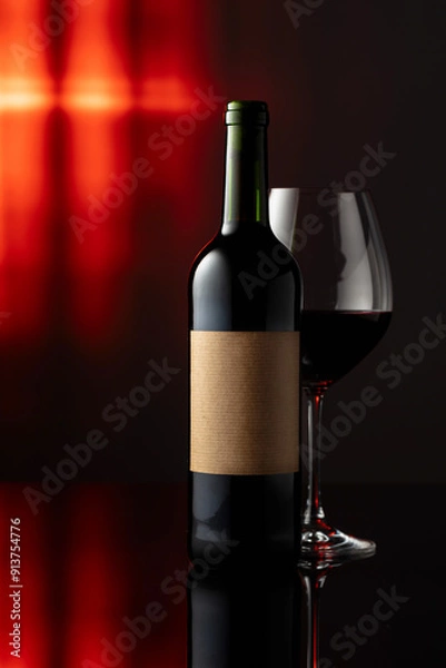 Fototapeta Bottle of red wine with old empty label.