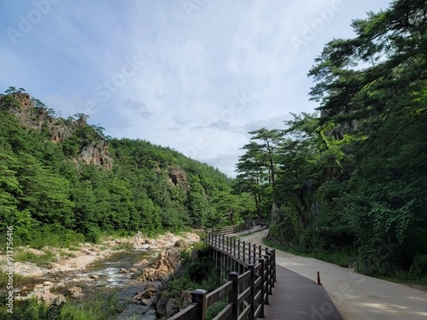 Fototapeta 하늘 산 하천 자갈밭 둘레길 산책 산책로 나무 구름