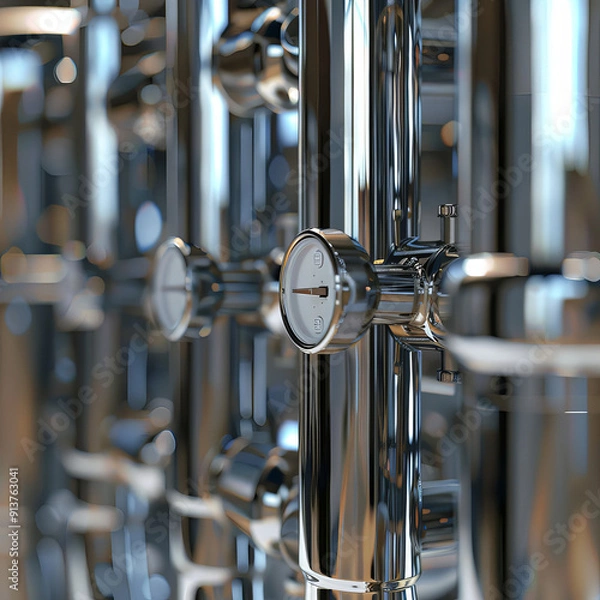 Fototapeta A close-up illustration of a reverse osmosis unit's advanced filtration technology, showing the detailed layers of membranes and the flow of water, with a spotlight on the pristine water output. A det