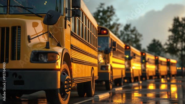 Fototapeta Line of School Buses in the Evening, Ready for Next Day
