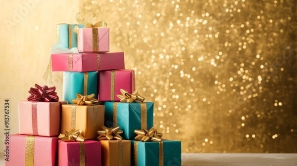 Fototapeta A vibrant arrangement of gift boxes in various colors is decorated with elegant ribbons and bows, creating a festive atmosphere for special occasions