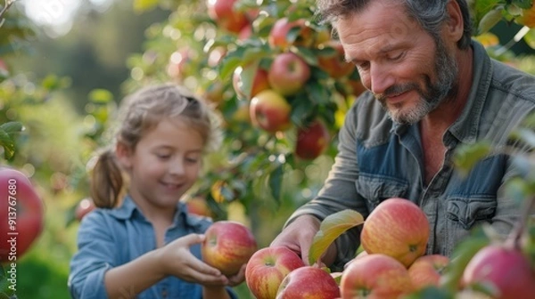 Fototapeta  A man and a child pick apples from a tree against an backdrop of laden apple branches