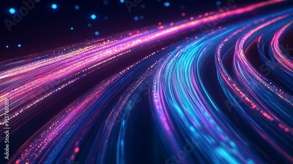 Obraz Vibrant neon fiber optic cables move rapidly, creating abstract patterns with multicolored lights against a dark backdrop, showcasing an electrifying visual effect