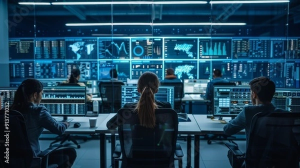 Obraz Cybersecurity Team Monitoring Network Traffic in a Modern Command Center with Real-Time Data Screens