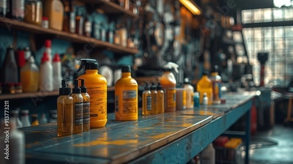 Fototapeta Automotive Cleaning Supplies in Workshop. Collection of automotive cleaning supplies on a workbench in a workshop, ready for use in car care and maintenance.