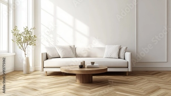 Obraz A stylish living room showcases contemporary furniture with light parquet flooring and natural light streaming through large windows, creating a warm and inviting atmosphere