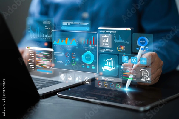 Obraz An analyst uses a computer and dashboard for data business analysis and Data Management System, Customers database, gather information to report. Data science technology and digital marketing
