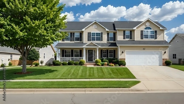 Fototapeta Two-story house with white garage door, front yard with green grass and a tree.