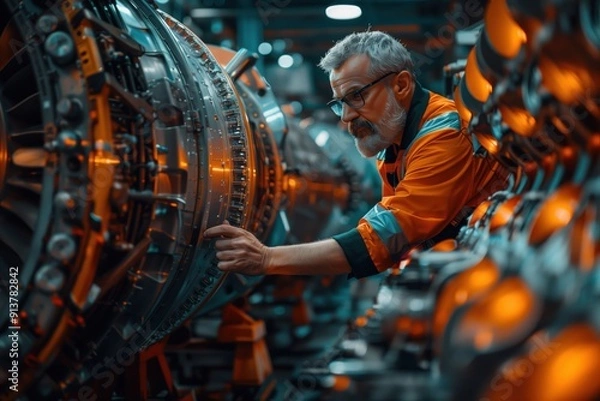 Fototapeta Senior Engineer Inspecting Jet Engine. Senior engineer inspecting a jet engine in a factory, emphasizing experience and attention to detail in aviation manufacturing.