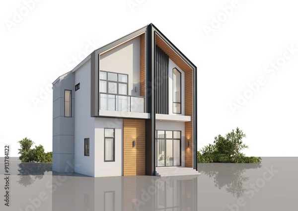 Fototapeta Architecture 3d rendering illustration of modern minimal house on white background