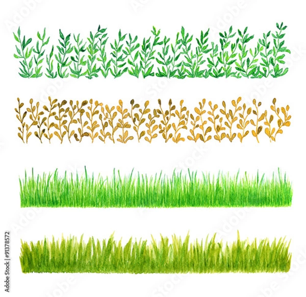 Obraz Set of Four Grass Border Pieces Watercolor Painted, Isolated on White