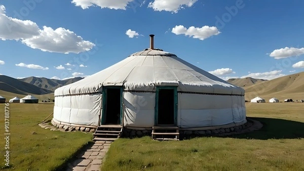 Obraz A white yurt with two doors, with mountains in the background, blue sky with clouds, green grass.