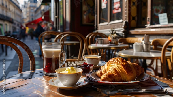 Fototapeta a classic French breakfast, including a freshly baked croissant, a baguette with butter and jam, and a café au lait, set against a Parisian café backdrop