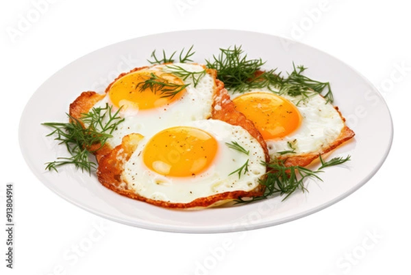 Fototapeta Fried eggs are delicious when topped with fresh herbs, isolated on a white background.