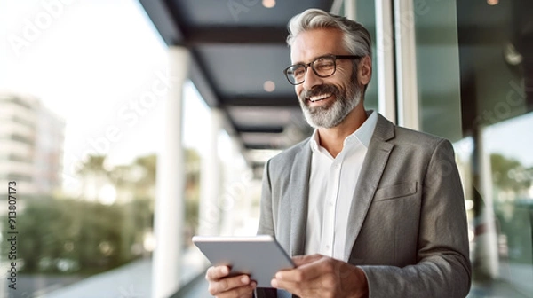 Obraz A smiling businessman in his forties holding an iPad, dressed smartly and wearing glasses with gray hair, stands on the balcony of a modern office space.