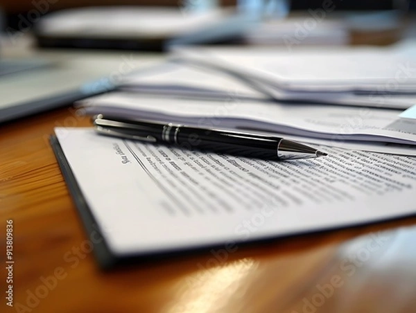 Fototapeta Close-up of a pen resting on top of a stack of documents on a wooden desk, conveying an office or business environment.
