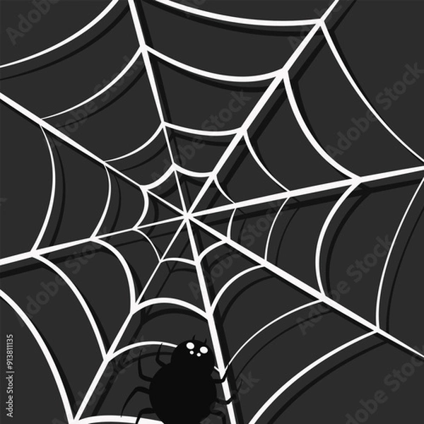 Fototapeta The black spider is waiting on the web. Vector illustration.