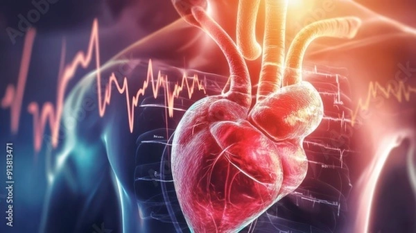 Fototapeta Medical illustration of a human heart with surrounding arteries, highlighted in vibrant colors, showing detailed anatomy and heart activity. Ideal for educational, medical, and scientific purposes.