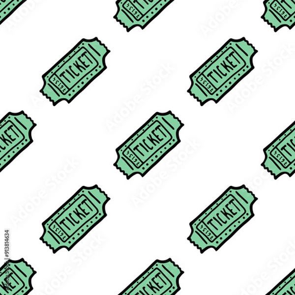 Obraz Retro ticket seamless pattern.  Vintage green ticket in doodle style. 