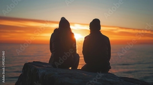 Obraz  A few people seated atop a cliff, overlooking the ocean, behold the sun's ascent