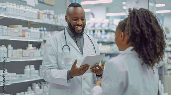 Fototapeta Pharmacist Consulting a Patient Using a Tablet in a Pharmacy