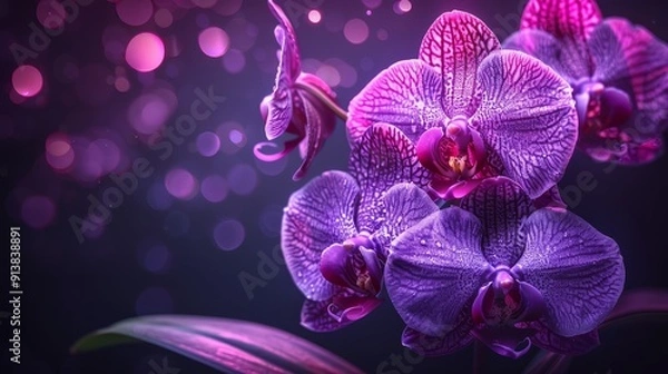 Obraz  A tight shot of a purple bloom against a black backdrop, softly blurred lights surrounding it in the distance