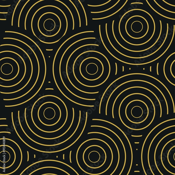 Fototapeta Art Deco Golden Overlapping circles in line art style seamless pattern on black background. For wallpaper, textile and home décor