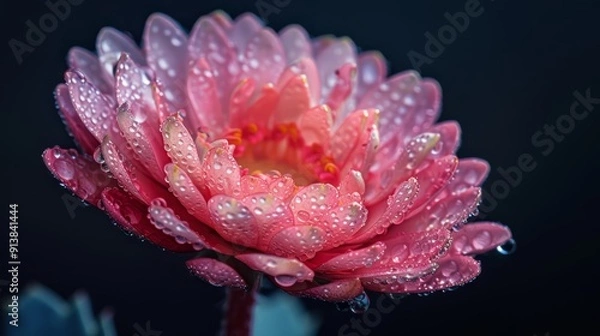 Obraz  A tight shot of a pink flower with water droplets glistening on its petals against a dark backdrop