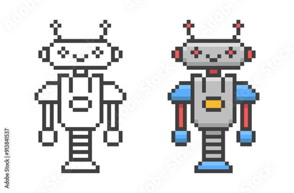 Fototapeta Pixel art cute game robot. Vector illustration in retro style
