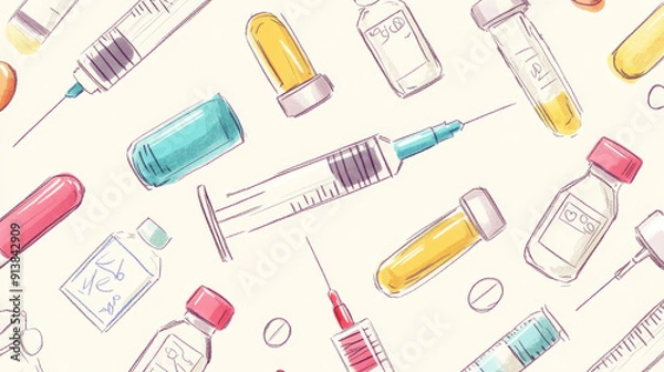 Fototapeta Vaccines include ampoules, syringes, needles, and medicine in an easy-to-draw format. It shows a continuous line drawing of treatment, medication with lettering and handwritten notes.