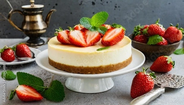 Obraz Classic New York Cheesecake with Fresh Strawberries