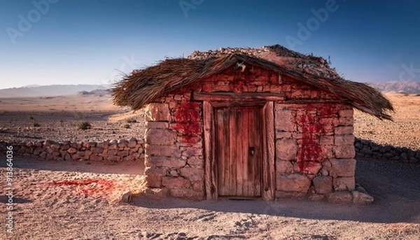 Fototapeta Exodus: The Bible Story about Pascha, Putting Blood on the Doorpost. Old stone hut with a heavy wooden door, left doorpost smeared with blood.